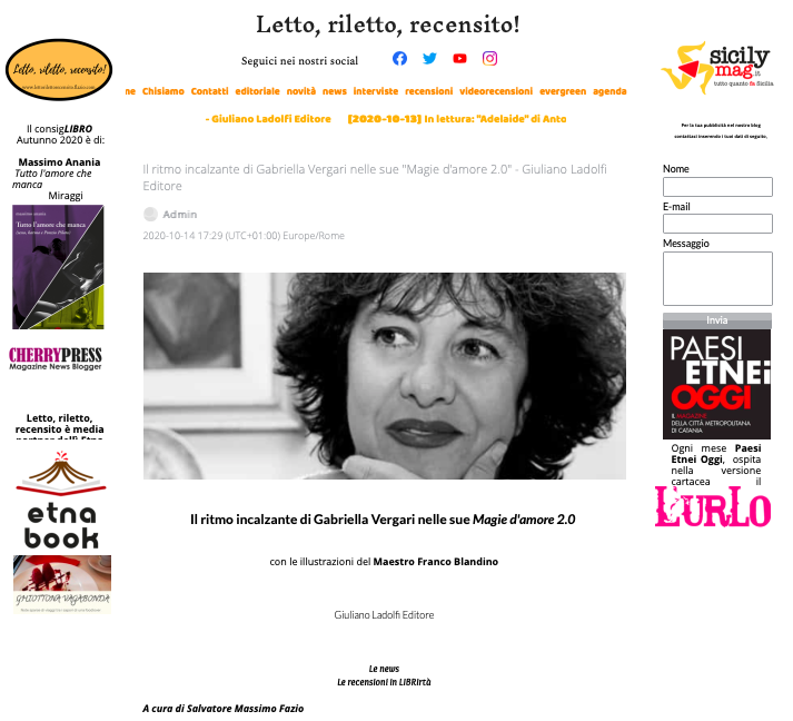 SMF per Letto, riletto, recensito! – Il ritmo incalzante di Gabriella Vergari nelle sue “Magie d’amore 2.0” – Giuliano Ladolfi Editore