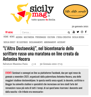 SMF per Sicilymag – “L’Altro Dostoevskij”, nel bicentenario dello scrittore russo una maratona on line creata da Antonina Nocera