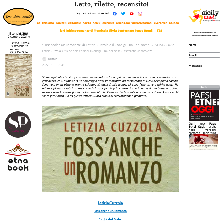 SMF per Letto, riletto, recensito! – “Foss’anche un romanzo” di Letizia Cuzzola è il ConsigLIBRO del mese GENNAIO 2022