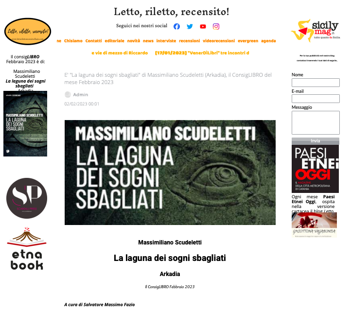 SMF per LRR – E’ “La laguna dei sogni sbagliati” di Massimiliano Scudeletti (Arkadia), il ConsigLIBRO del mese Febbraio 2023