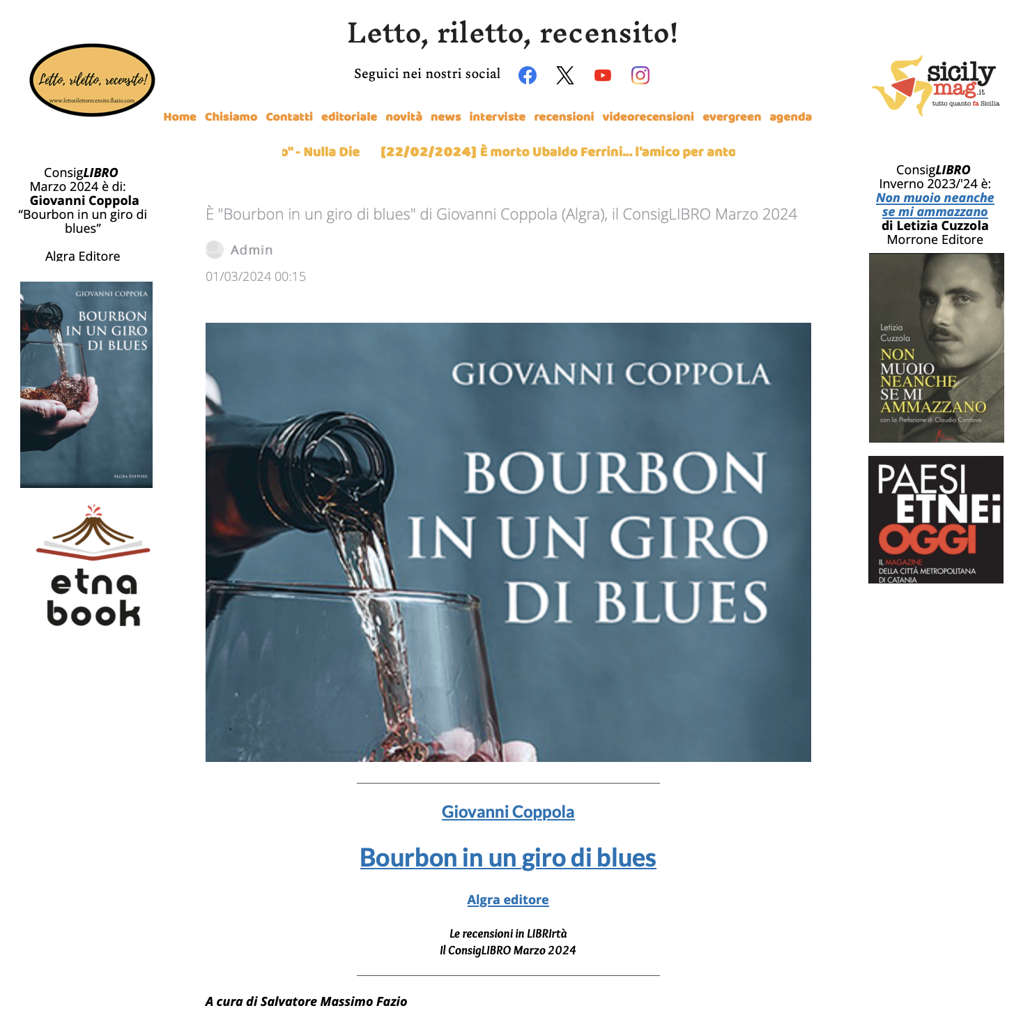 SMF per LRR – È “Bourbon in un giro di blues” di Giovanni Coppola (Algra), il ConsigLIBRO Marzo 2024